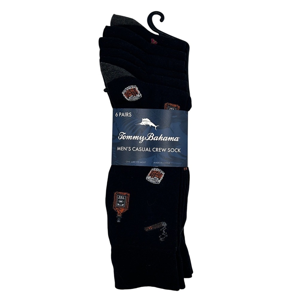 Tommy Bahama Crew Socks Mens OSFM Black New 6-Pack Cocktail Cigar Palm Tree